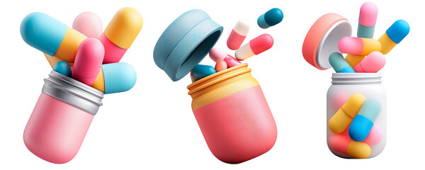 Colorful Pastel Capsules Spilling from Stylized Pill Bottles in 3d Render