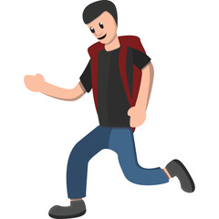 A Cartoon Man With Backpack Running In A White Background Wearing A Black T Shirt And Blue Jeans, Pixelated Style, Simple Design, Full Body Shot