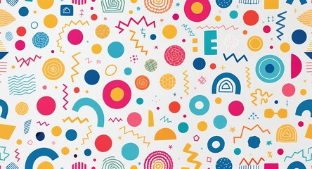 Colorful Geometric Shapes Pattern Background with Circles, Wavy Lines, and Abstract Elements