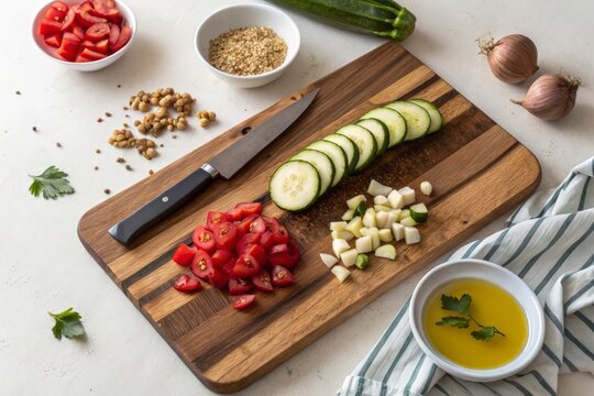 Topdown flatlay of sliced zucchini and chopped tomatoes on a board