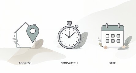 Conceptual Icons Location Pin, Stopwatch, Calendar