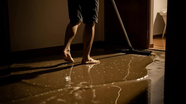 Man Pushing Muddy Floodwater Across a Dark Room Floor with Squeegee