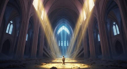 Intricate gothic architecture bathed in ethereal light, person stands in awe of the majesty