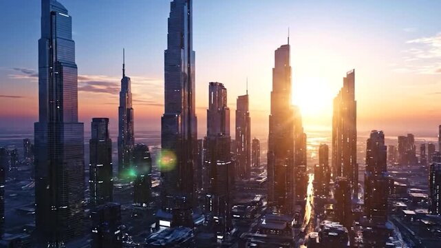 Futuristic Cityscape at Sunset with Modern Skyscrapers.