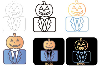 Creative vector icon set showcasing a minimalist pumpkin character in a business suit, blending corporate professionalism with a fun, modern, and slightly seasonal design aesthetic