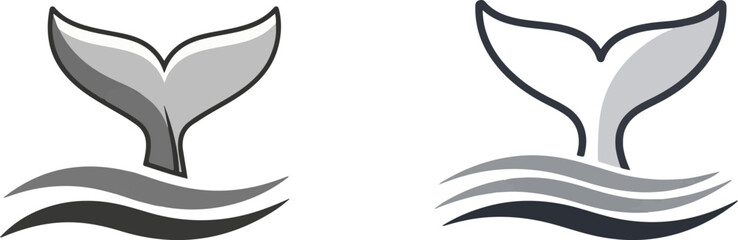 Simple Grayscale Whale Tail Icon with Layered Ocean Waves Design © reza