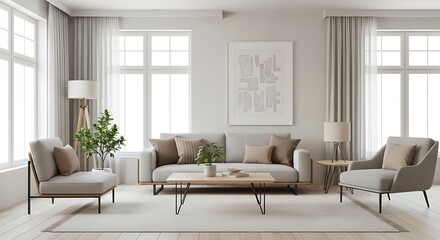 Fototapeta premium Cozy Living Room Interior with Neutral Tones and Minimalist Decor for Relaxing Home Design
