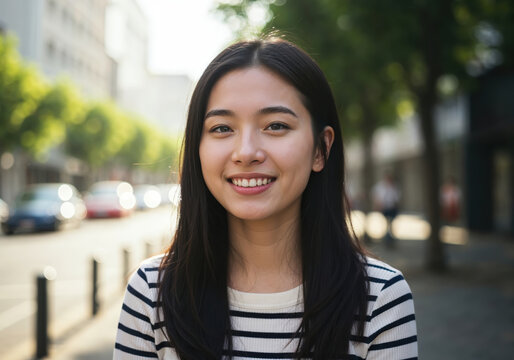 Radiant Smile in Urban Landscape: A portrait of a woman exudes warmth and happiness as she smiles, standing amidst an urban environment. A sense of serenity and urban lifestyle.