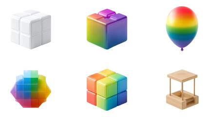 Obraz premium Colorful Geometric Shapes and Balloons in Various Artistic Styles on Transparent Background