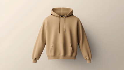 Minimalist beige hooded sweatshirt mockup with front pocket and drawstrings on neutral background