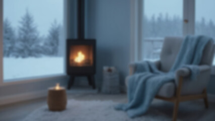 background blurred Modern living room, minimalist cozy space with fireplace, boucle armchair, and soft knit throw, snowy scene outside window, early morning,cold blue light outside vs warm lamp inside