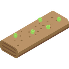 A minimalist isometric illustration of a brown rectangular object with small green cylinders on its surface set against a white background
