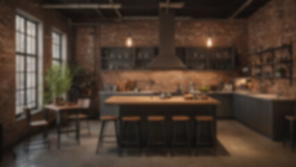 background blurred Modern living room, industrial loft style with exposed brick wall and metal fixtures, background with kitchen island and stools, evening, warm tungsten lighting, 28mm, slow tilt up,