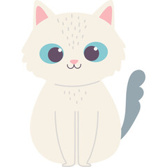 A Cute Fluffy White Cat With Big Blue Eyes and Gray Tail Sitting Down With A Transparent Background and A Soft Smile On Its Face