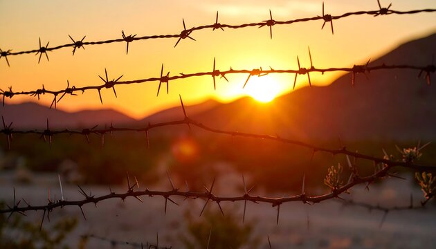 Sunset through barbed wire fence - Powered by Adobe