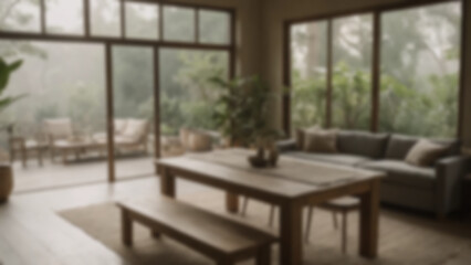 background blurred Modern living room, earthy tones with raw linen fabrics and reclaimed wood table, open background to outdoor garden, morning, misty ambient light, 35mm, fixed frame with time-lapse 