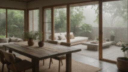 background blurred Modern living room, earthy tones with raw linen fabrics and reclaimed wood table, open background to outdoor garden, morning, misty ambient light, 35mm, fixed frame with time-lapse 