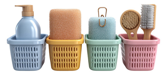 Colorful Cleaning Supplies in Isolated Storage Baskets with Transparent Background
