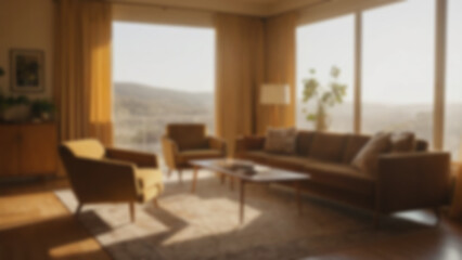 background blurred Modern living room, high-ceilinged space with mid-century modern furniture and velvet couch, floor-to-ceiling window with curtain fluttering, golden hour, warm sunlight casting shad