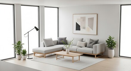Fototapeta premium Bright, modern living room with minimalist design. Features an L-shaped sofa, wooden coffee table, and plants by large windows, creating a serene, contemporary interior space