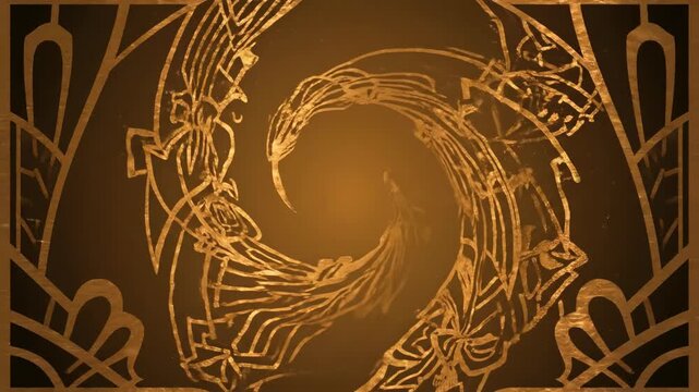 Seamlessly looping abstract motion graphic of a swirling, intricate art deco vintage pattern in warm sepia tones, evolving and shimmering gracefully art nouveau influence, swirling pattern, shimmering