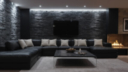 background blurred Modern living room, black leather sectional with chrome accents and LED strip lighting, dark stone feature wall, night, ambient LED and fireplace light, 50mm, dolly zoom in, Cinesti