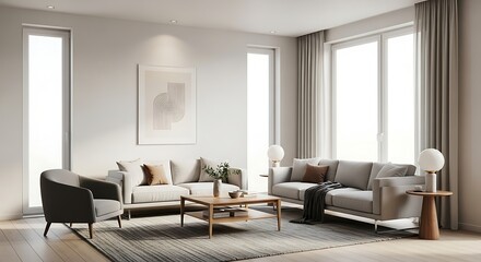 Fototapeta premium Cozy Living Room Interior with Neutral Tones and Modern Furniture