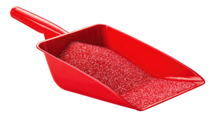 Red plastic scoop filled with small red particles