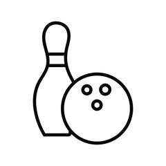 Black outline showcases a bowling pin alongside a ball with three holes on white background