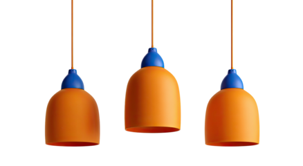 Three pendant lamps in orange with blue accents