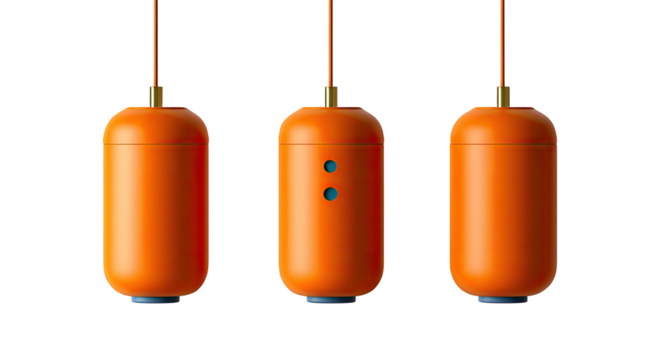 Three orange, cylindrical objects hanging from wires - Powered by Adobe