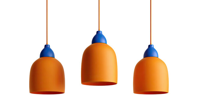Three pendant lamps in orange with blue accents