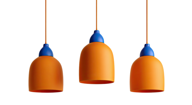 Three pendant lamps in orange with blue accents
