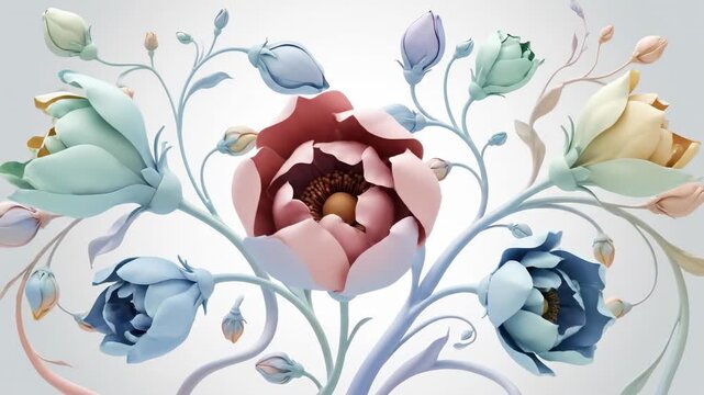 Seamlessly looping abstract animation of elegant stylized floral patterns gently morphing and blooming in soft pastel colors gently morphing, light, peace