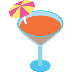A Pink and Yellow Striped Umbrella Adorns a Glass of Orange Cocktail Set Against a Clean White Background with a Blue Base