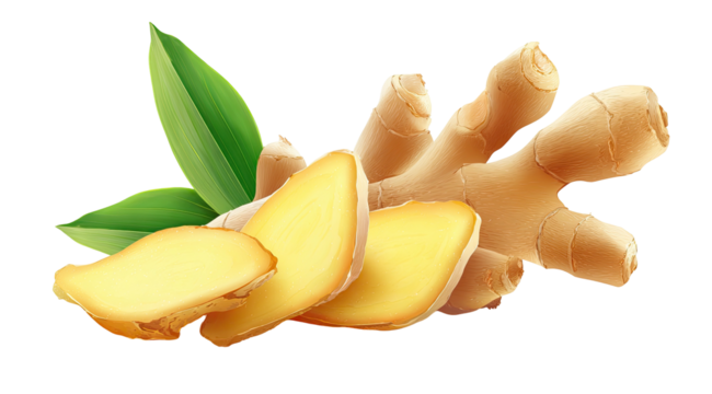 Fresh ginger root and slices