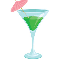 A Refreshing Green Cocktail in a Martini Glass Topped with a Pink Paper Umbrella Set Against a White Background Perfect for Summer Parties and Tropical Vacations