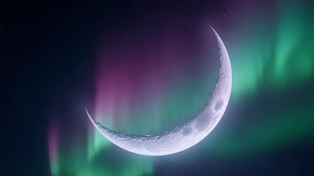 Majestic crescent moon shines brightly amidst vibrant green and purple aurora borealis dancing across a starry night sky.