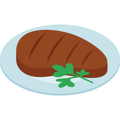 A Simple Vector Illustration of a Grilled Steak Garnished with Parsley on a Blue Plate