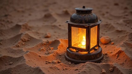 Vintage oil lantern glows warmly on rippling sand dunes at dusk, evoking adventure and solitude. - Powered by Adobe