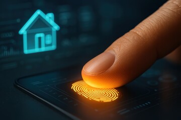 Smart Home Authentication: A fingertip interacts with a glowing fingerprint sensor on a sleek screen, unlocking access to a modern smart home system.