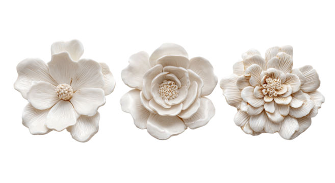 Three ornate white flowers