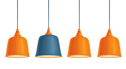 Four hanging lamps in orange and blue