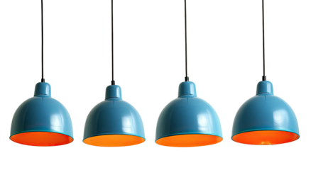 Four pendant lights, varying slightly in size, hang from dark cords.  A warm orange glow emanates from within