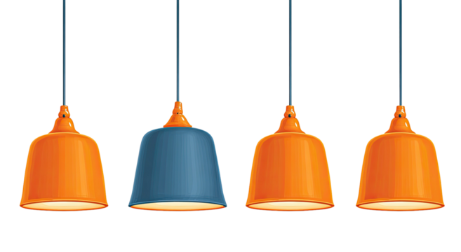 Four hanging lamps in orange and blue