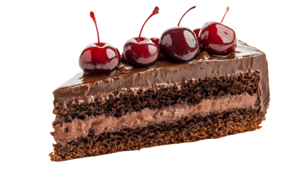 Delicious slice of chocolate cake with cherries isolated on transparent background, perfect for dessert lovers