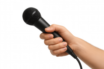 Hand holding black wired microphone, ready for interview, public speaking, or live performance, transparent background