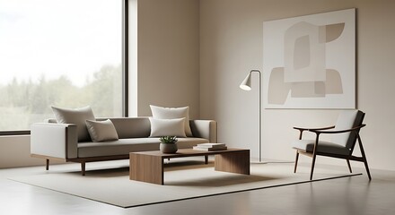 Minimalist living room interior with sofa, armchair, and modern art on the wall