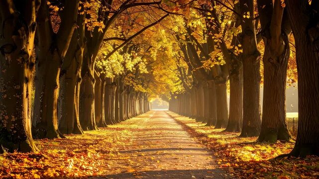 Sunlit path between rows of tall trees with colorful autumn foliage and fallen leaves creating a tunnel effect, landscape.