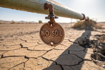 Rusty corroded valve tag with NO SOIL in a dry cracked desert